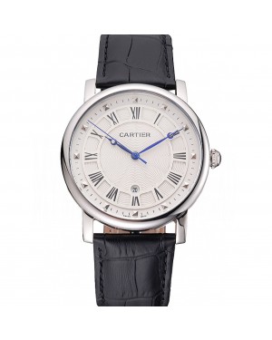 Cartier Rotonde Date White Dial Stainless Steel Case Black Leather Strap