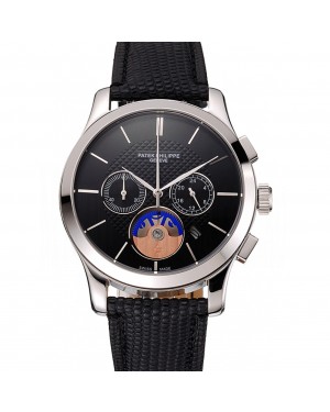 Patek Philippe Chronograph Black Dial Stainless Steel Case Black Leather Strap