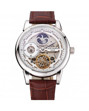Patek Philippe Dual Time Moonphase Tourbillon White Skeletonised Dial Stainless Steel Case Brown Leather Strap
