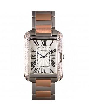Cartier Tank Anglaise 36mm Silver Dial Diamonds Steel Case Two Tone Bracelet