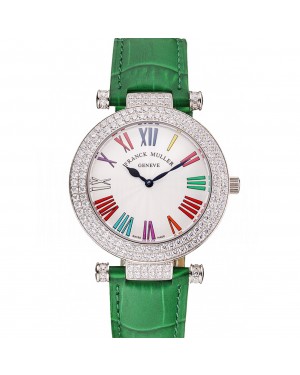 Franck Muller Double Mistery Ronde White Dial Stainless Steel Case Green Leather Strap
