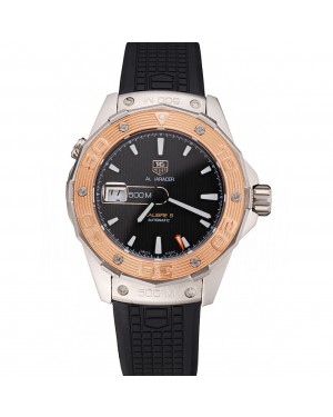 Swiss Tag Heuer Aquaracer Calibre 5 Black Dial Gold Bezel Stainless Steel Case Black Rubber Strap