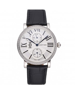 Cartier Ronde Second Time Zone White Dial Stainless Steel Case With Diamonds Black Leather Strap 622804