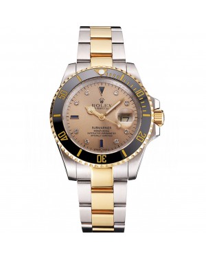 Swiss Rolex Submariner Gold Dial Diamond Markings Black Bezel Two Tone Steel Gold Bracelet