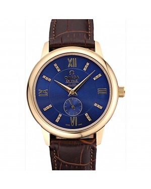 Omega DeVille Prestige Small Seconds Blue Dial Gold Case Brown Leather Bracelet 622601