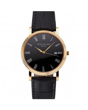 Patek Philippe Calatrava Black Dial Roman Numerals Ribbed Bezel Gold Case Black Leather Strap