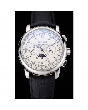 Patek Philippe Grand Complications White Dial Black Leather Bracelet
