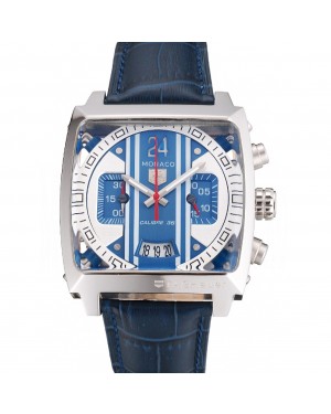 Tag Heuer Monaco 24 Calibre 36 Chronograph Blue And Grey Stripes Dial Blue Leather Strap 622273