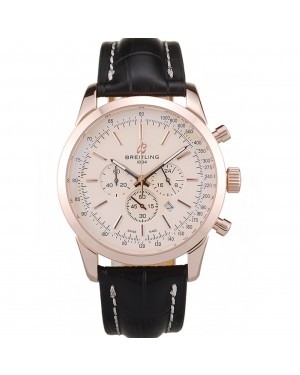 Breitling Transocean White Dial Black Leather Strap Rose Gold Bezel 98206