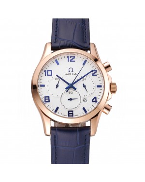 Omega Chronograph White Dial Rose Gold Case Blue Leather Strap