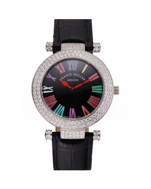 Franck Muller Double Mistery Ronde Black Dial Stainless Steel Case Black Leather Strap