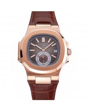 Patek Philippe Nautilus Gray Dial Rose Gold Case Brown Leather Strap