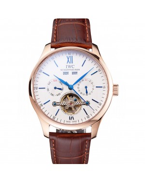 IWC Portofino Tourbillon White Dial Blue Markings Rose Gold Case Brown Leather Strap