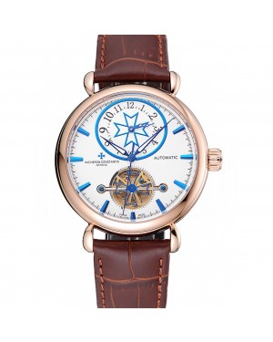 Vacheron Constantin Traditionnelle Tourbillon White Dial Blue Hourmarks Gold Case Brown Leather Bracelet 1454059