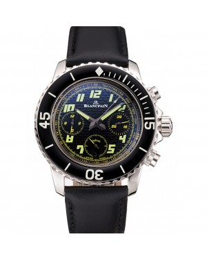 Swiss Blancpain Fifty Fathoms Flyback Chronograph Carbon Fiber Dial Stainless Steel Case Black Leather Strap