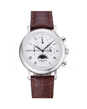 Patek Philippe Grand Complications White Dial Engraved Silver Case Brown Leather Bracelet 1454143
