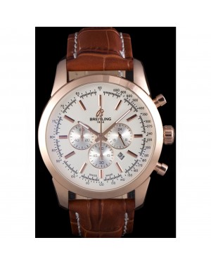 Breitling Transocean White Dial Brown Leather Strap Rose Gold Bezel