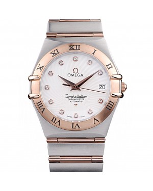 Omega Swiss Constellation Jewelry Rose Gold Case Radial Emblem White Dial