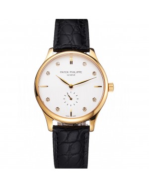 Patek Philippe Calatrava White Dial Diamond Markings Gold Case Black Leather Strap