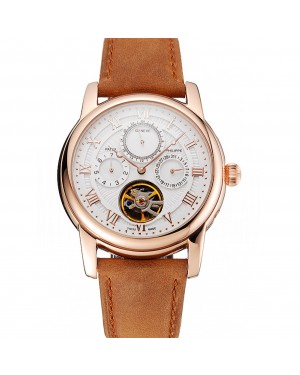 Patek Philippe Grand Complications Day Date Tourbillon White Dial Rose Gold Case Brown Suede Leather Strap 1453813