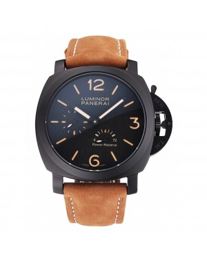 Panerai Luminor 1950 3 Days Power Reserve Black Dial Black Case Brown Suede Leather Strap