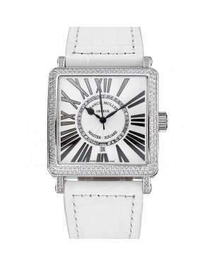 Franck Muller Master Square Diamond Encrusted Stainless Steel Bezel White Croco Bracelet 80284
