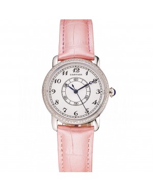 Cartier Ronde White Dial Diamond Bezel Stainless Steel Case Pink Leather Strap