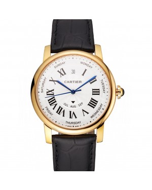 Swiss Cartier Rotonde Annual Calendar White Dial Gold Case Black Leather Strap