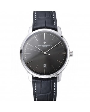 Swiss Vacheron Constantin Patrimony Grey Dial Silver Case Black Leather Bracelet 1454160