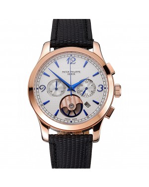 Patek Philippe Chronograph White Guilloche Dial Rose Gold Case Black Leather Strap