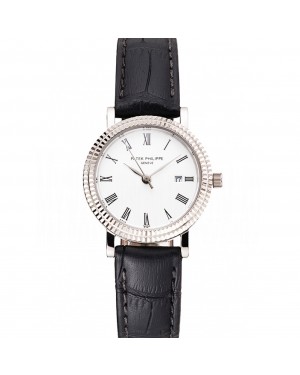 Patek Philippe Calatrava White Dial Roman Numerals Double Ribbed Bezel Stainless Steel Case Black Leather Strap