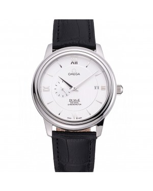 Omega De Ville Prstige Co-Axial White Dial Silver Case Black Leather Strap Roman Numeral
