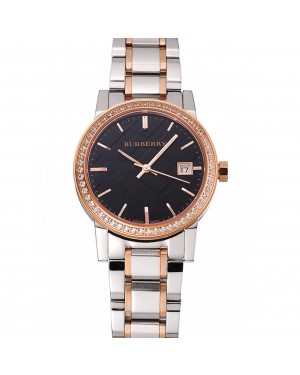 Burberry The City Black Dial Rose Gold Diamond Bezel Stainless Steel Case Two Tone Bracelet