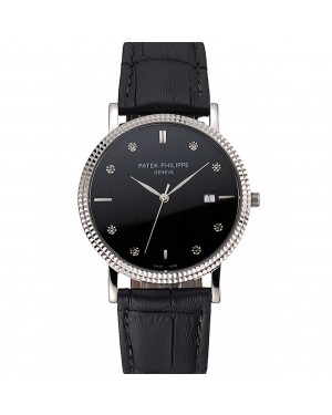 Patek Philippe Calatrava Black Dial Diamond Hour Marks Ribbed Bezel Stainless Steel Case Black Leather Strap