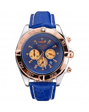 Breitling Chronomat Blue Dial Rose Gold Bezel And Subdials Stainless Steel Case Blue Leather Strap