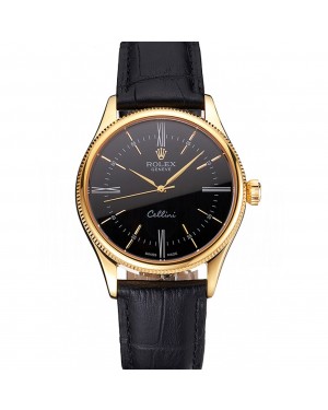 Swiss Rolex Cellini Black Dial Roman Numerals Gold Case Black Leather Strap