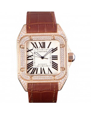 Swiss Cartier Santos Rose Gold Bezel with Diamonds and Brown Leather Strap sct46 621530