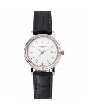 Patek Philippe Calatrava White Dial Double Ribbed Bezel Stainless Steel Case Black Leather Strap