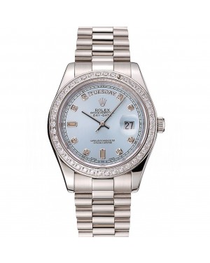 Swiss Rolex Day-Date Ice Blue Dial Diamond Case Diamond Numerals Stainless Steel Bracelet 1453963