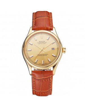 Swiss Rolex Datejust Gold Dial Gold Case Light Brown Leather Strap