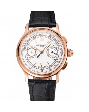 Swiss Patek Philippe 5170J Chronograph White Dial Rose Gold Case Black Leather Strap