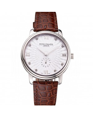 Patek Philippe Calatrava Date White Embossed Dial Stainless Steel Case Brown Leather Strap