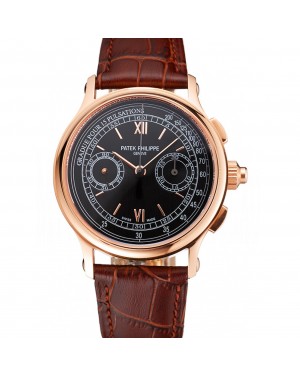 Swiss Patek Philippe 5170J Chronograph Black Dial Rose Gold Case Brown Leather Strap