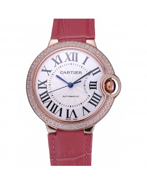 Swiss Cartier Ballon Bleu de Cartier White Dial Diamonds Case Pink Leather Bracelet 622553