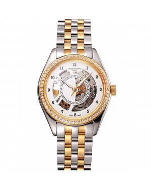 Swiss Patek Philippe Calatrava Openworked Stainless Steel Case Gold Bezel Two Tone Bracelet