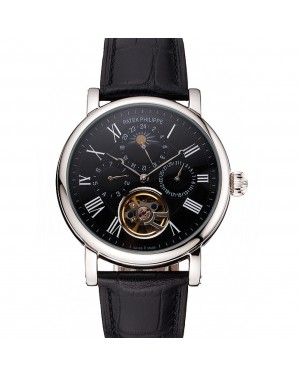 Patek Philippe Grand Complications Moonphase Perpetual Calendar Tourbillon Black Dial Stainless Steel Case Black Leather Strap