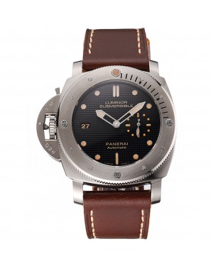 Swiss Panerai Submersible Left Handed Black Embossed Case Stainless Steel Case Brown Leather Strap
