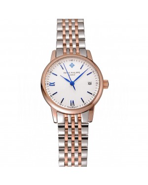Patek Philippe Calatrava Ladies White Dial Blue Numerals Rose Gold Case Two Tone Bracelet 1453830