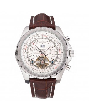 Breitling Bentley Mulliner Tourbillon White Dial Stainless Steel Case Brown Leather Strap 622729