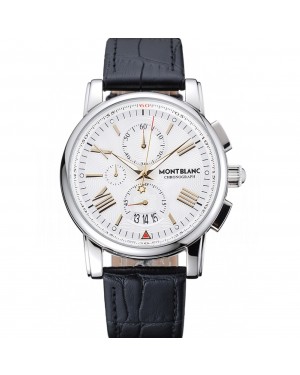 Montblanc Chronograph White Dial Black Leather Bracelet Silver Case 1454114
